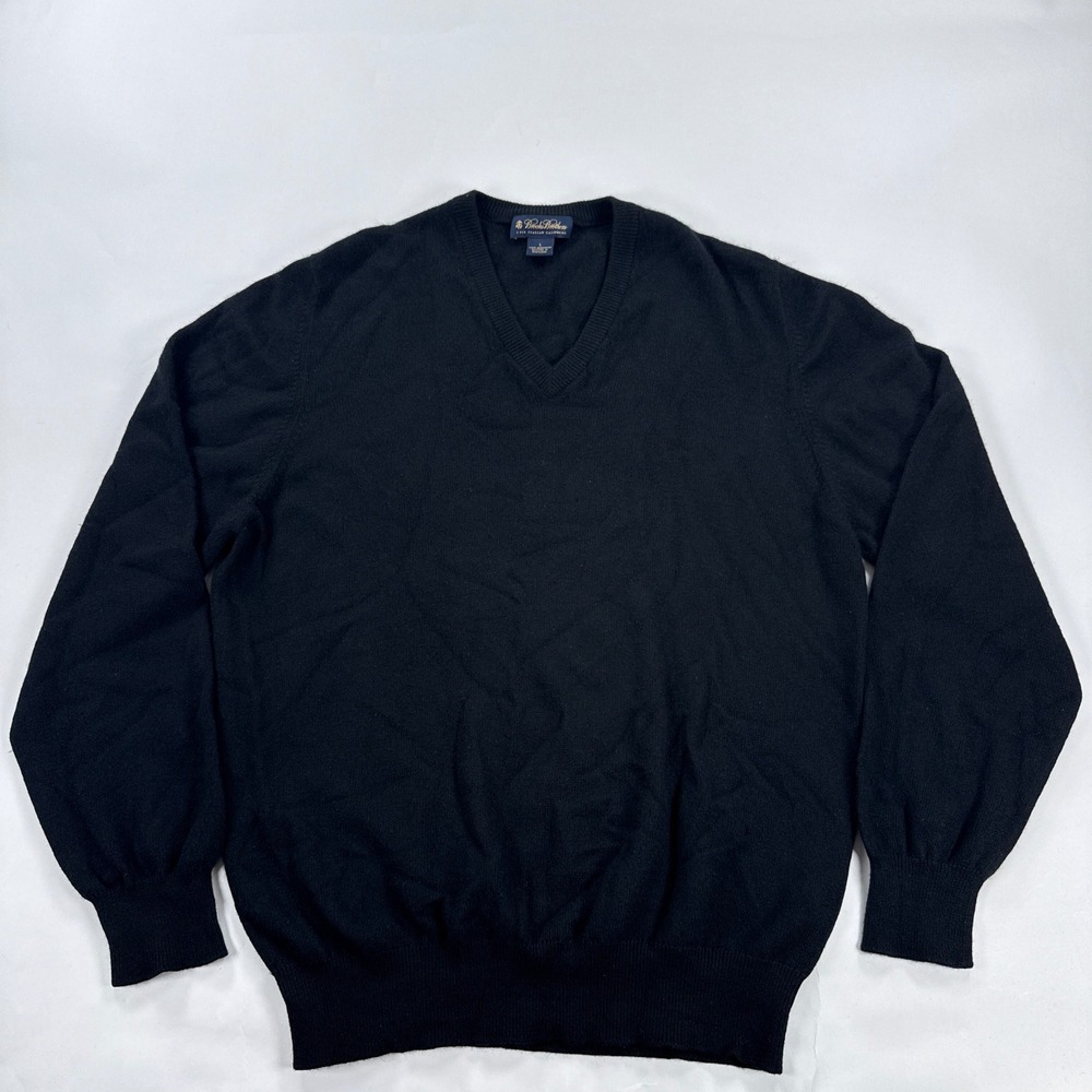 Brooks Brothers Mens Sweater Large Black 3 Ply Italian Cashmere V-Neck Luxury